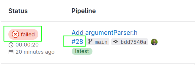 Listeneintrag in der Übersicht über alle Pipelines, der Status und die ID der Pipeline sind hervorgehoben.